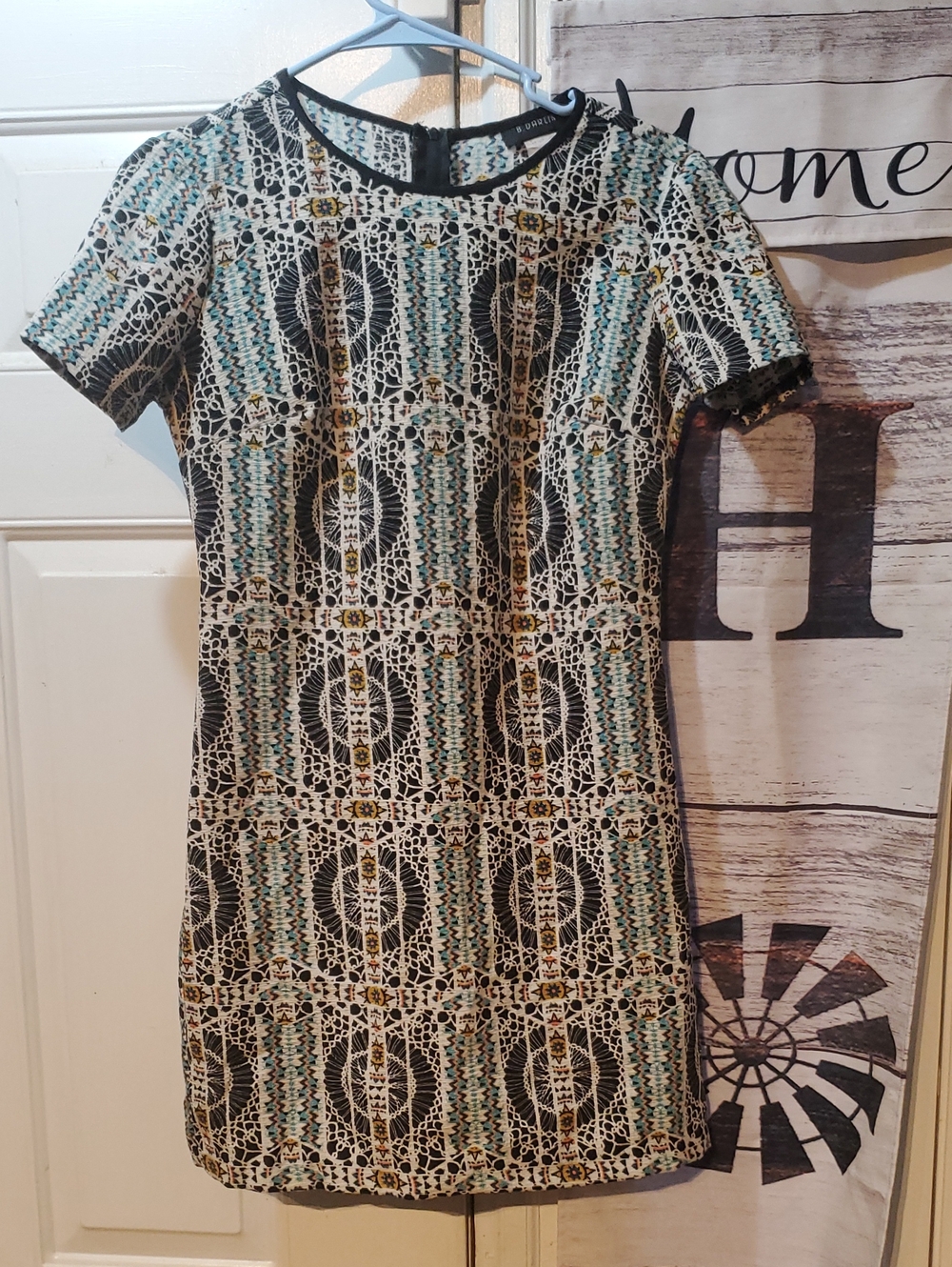 B Darlin Black, Teal & Cream Geometric Lace-Print Short Sleeve Dress